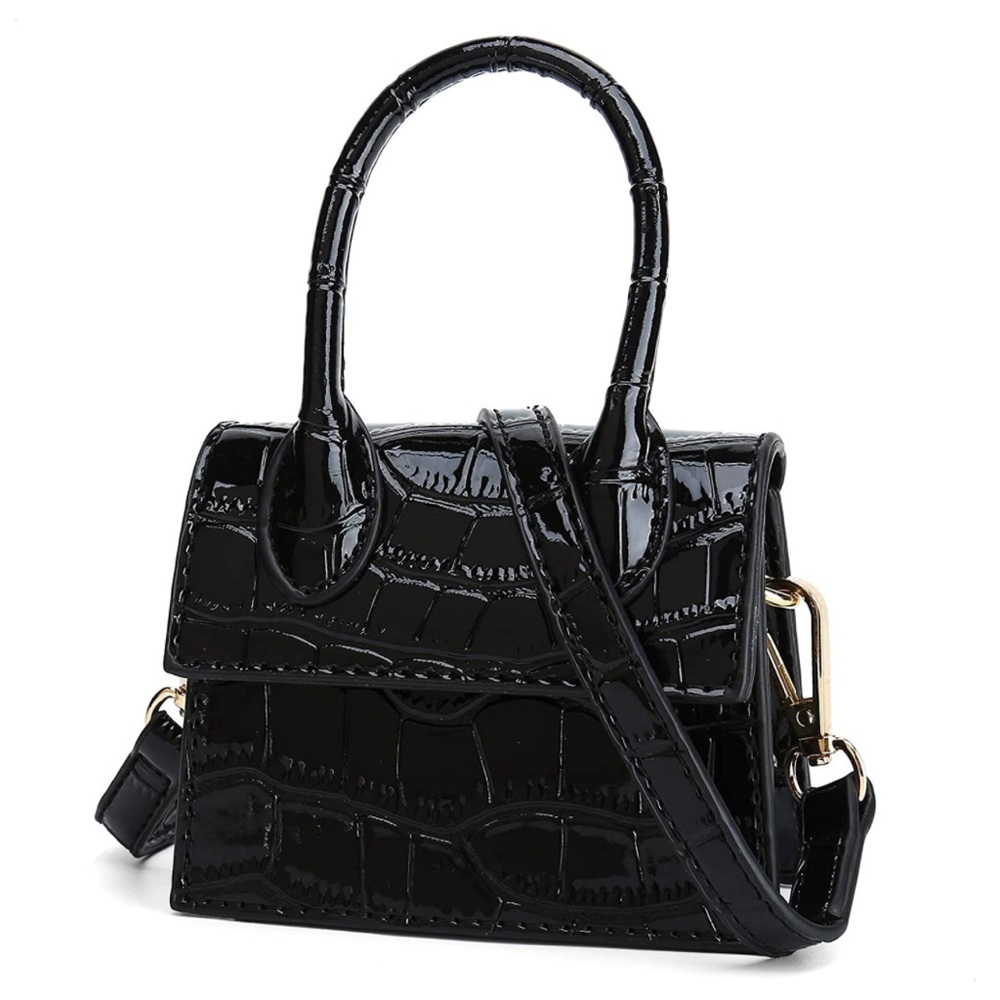 Black shiny faux vegan crocodile leather mini crossbody purse